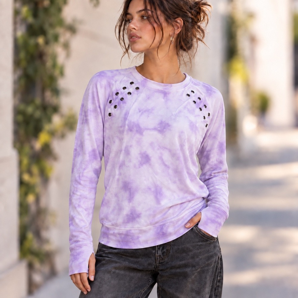 NWT Ideology Tie Dye Grommet Long Sleeve Top Lavender Thumbholes Soft Grunge M